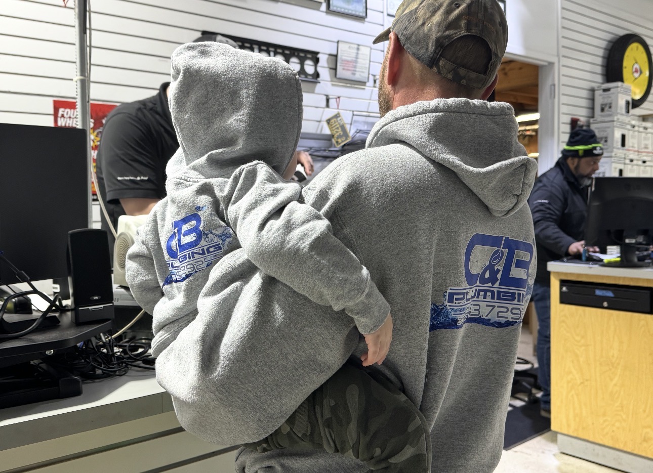 Matching C & B Plumbing hoodies for the team and the next generation